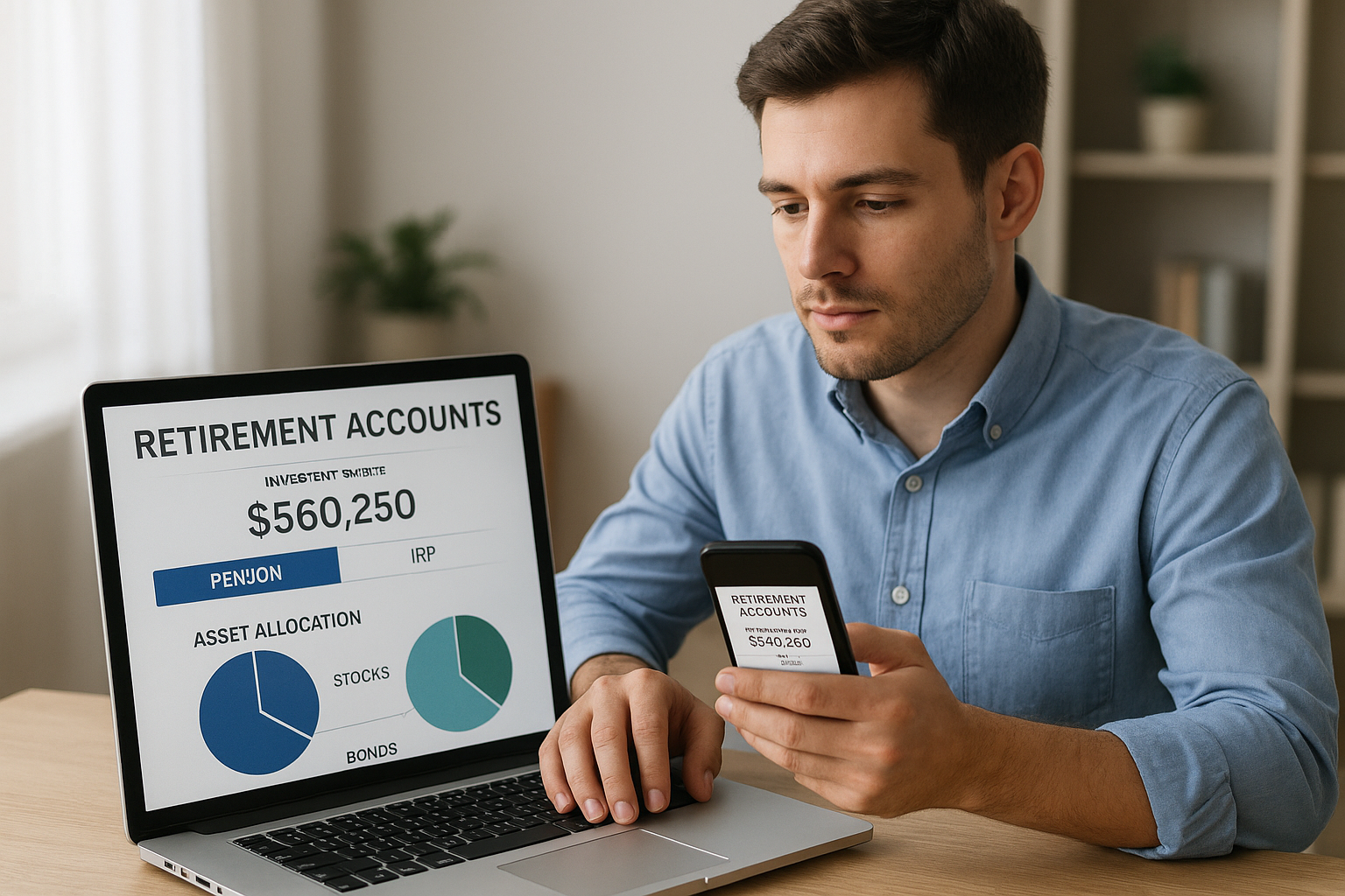 젊은 투자자가 연금저축과 IRP 계좌에서 노후 준비를 위해 성장 중심 자산 배분을 관리하는 모습