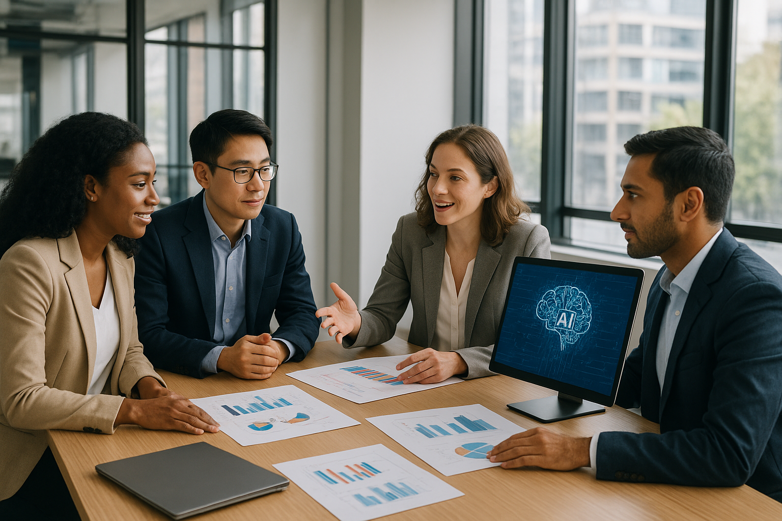 기업에서 클로드 AI 도입을 위해 협업하는 비즈니스 전문가들의 현대적 사무실 풍경