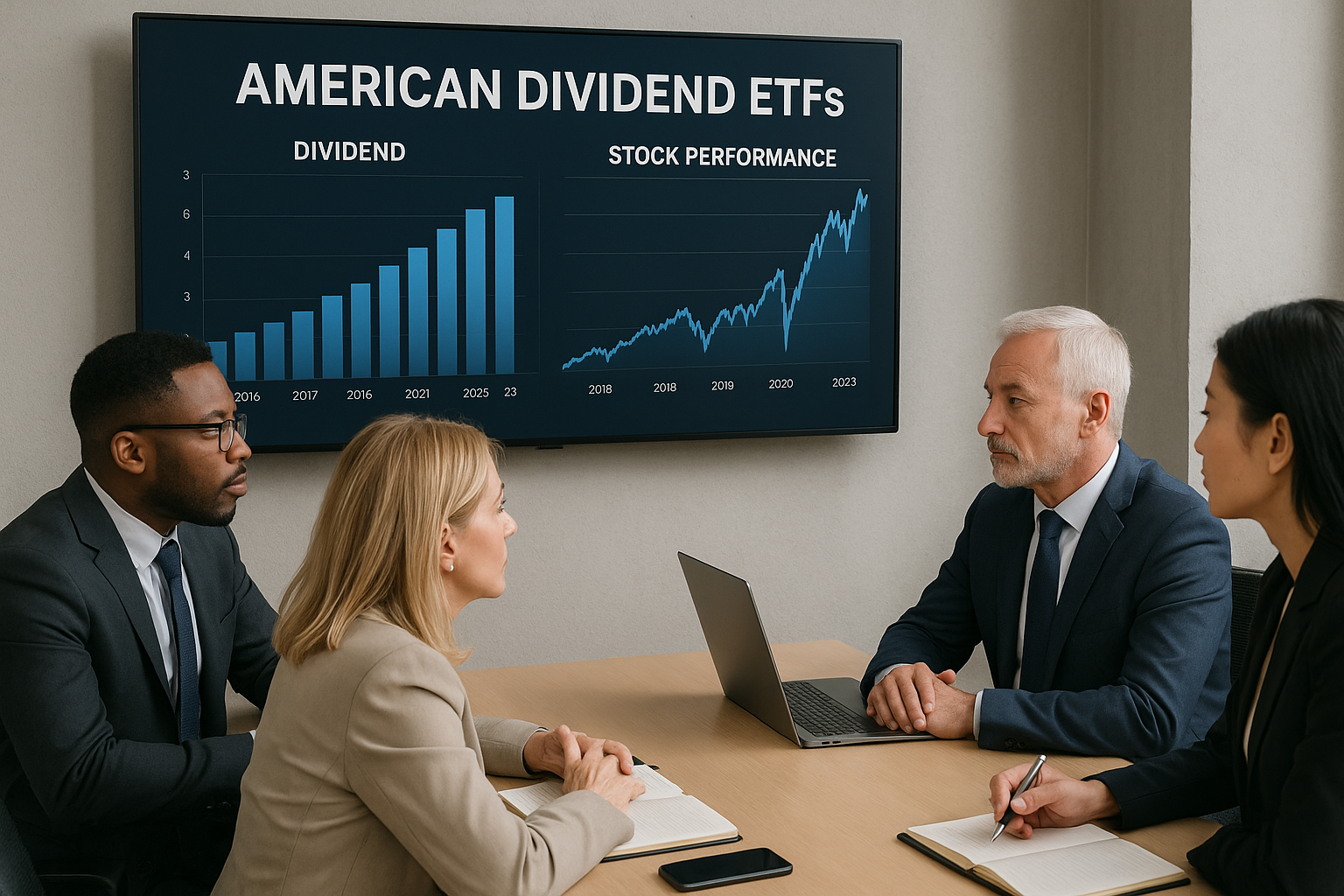 미국 배당 ETF에 대해 설명하는 비즈니스 전문가들이 디지털 화면 앞에서 토론하는 모습