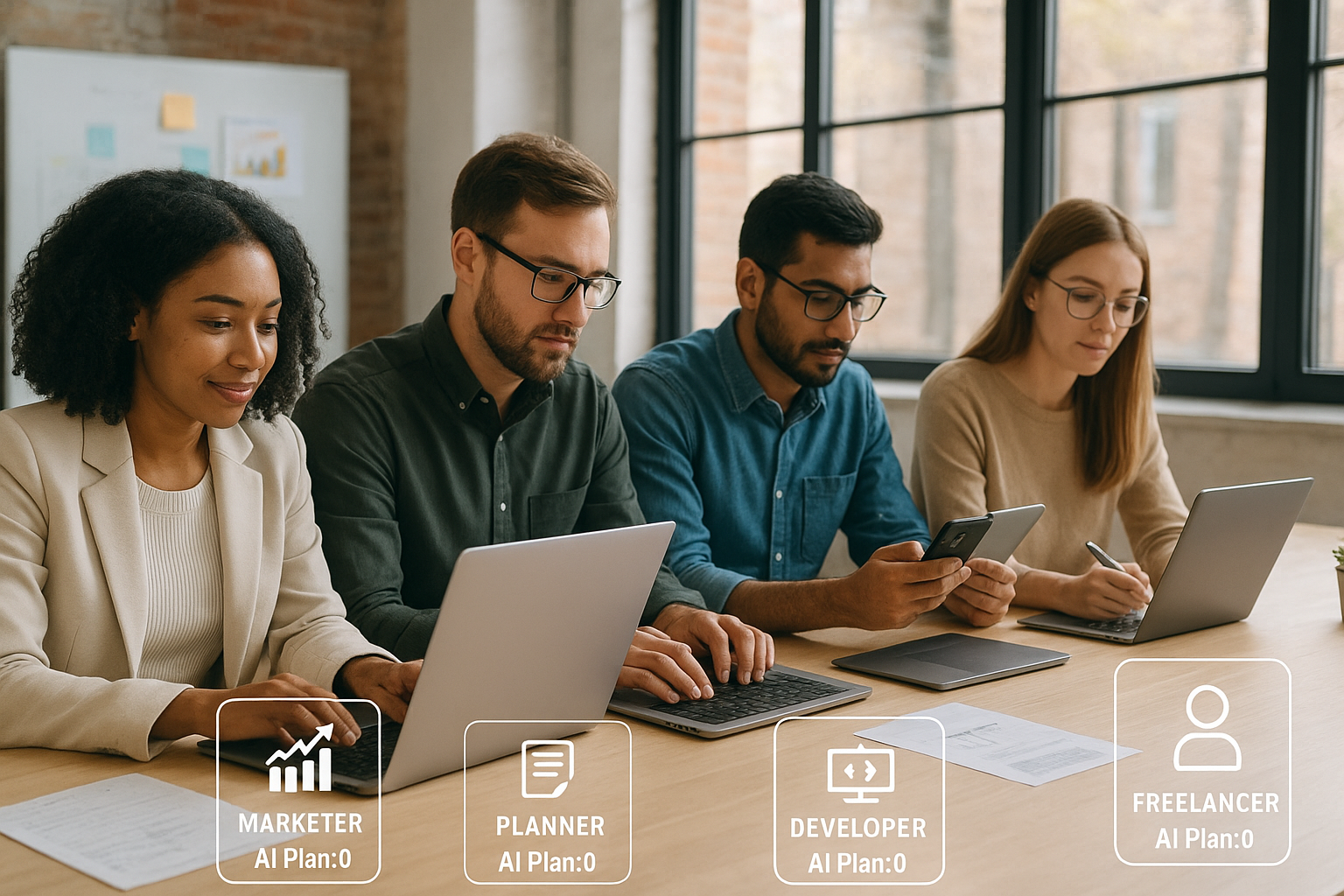 마케터, 기획자, 개발자, 프리랜서 등 다양한 직군이 AI 요금제를 사용하는 업무 환경 모습