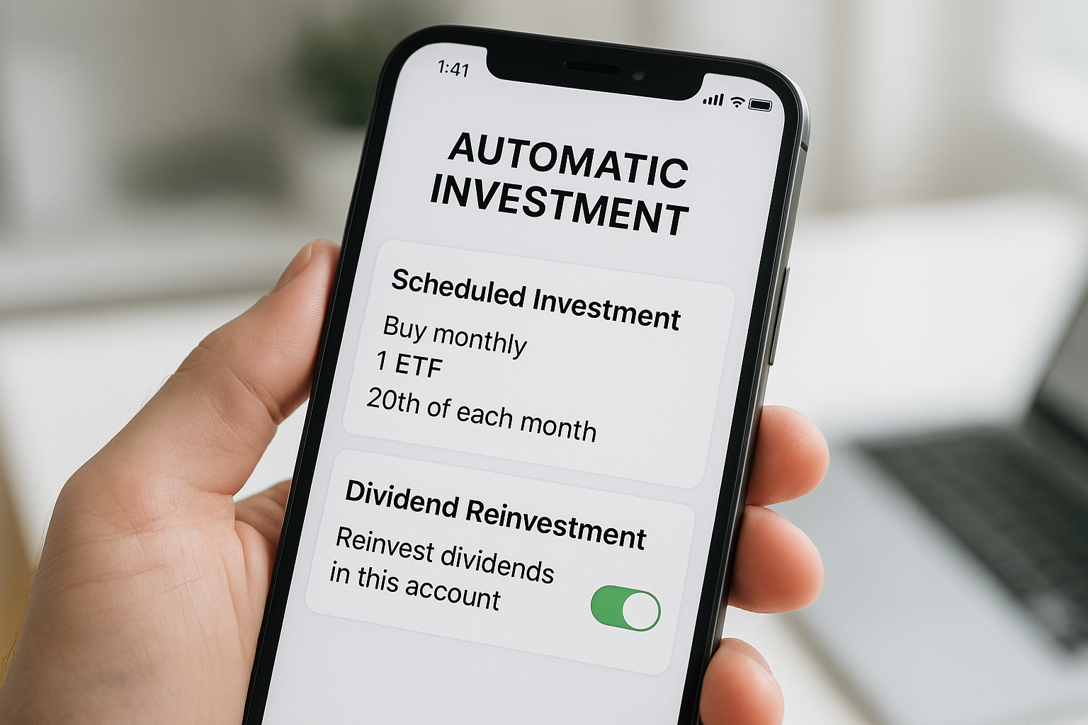 스마트폰 화면에 ETF 자동매수 및 배당 재투자 설정 화면이 보이는 모습