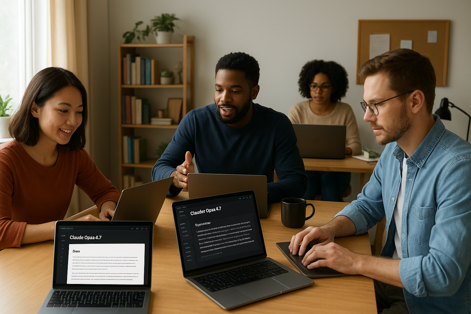 다양한 직군 프리랜서들이 Claude Opus 4.7 AI를 활용해 업무를 자동화하고 생산성을 높이는 모습