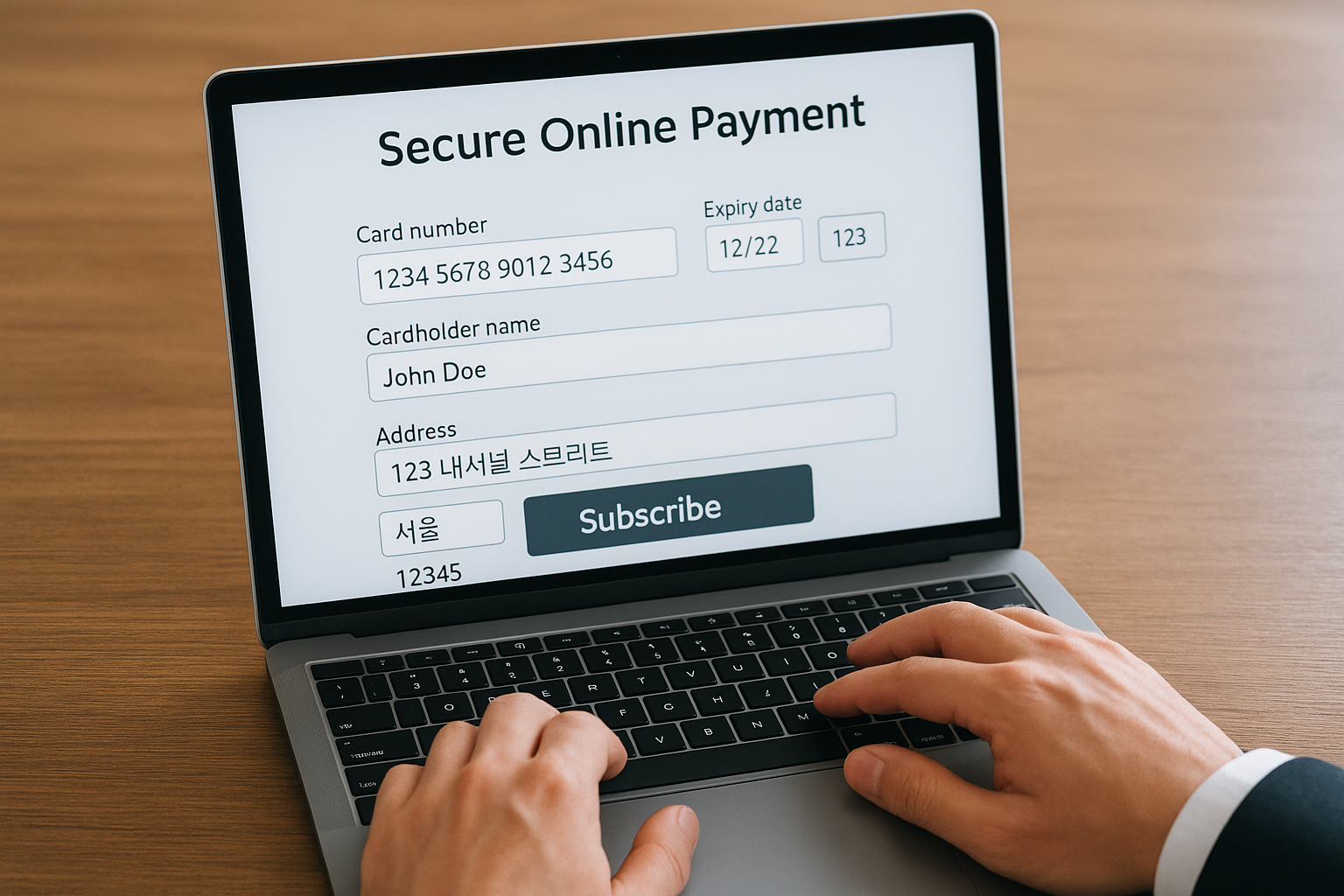 안전한 구독 결제 화면에 결제 정보 입력 중인 모습 이미지