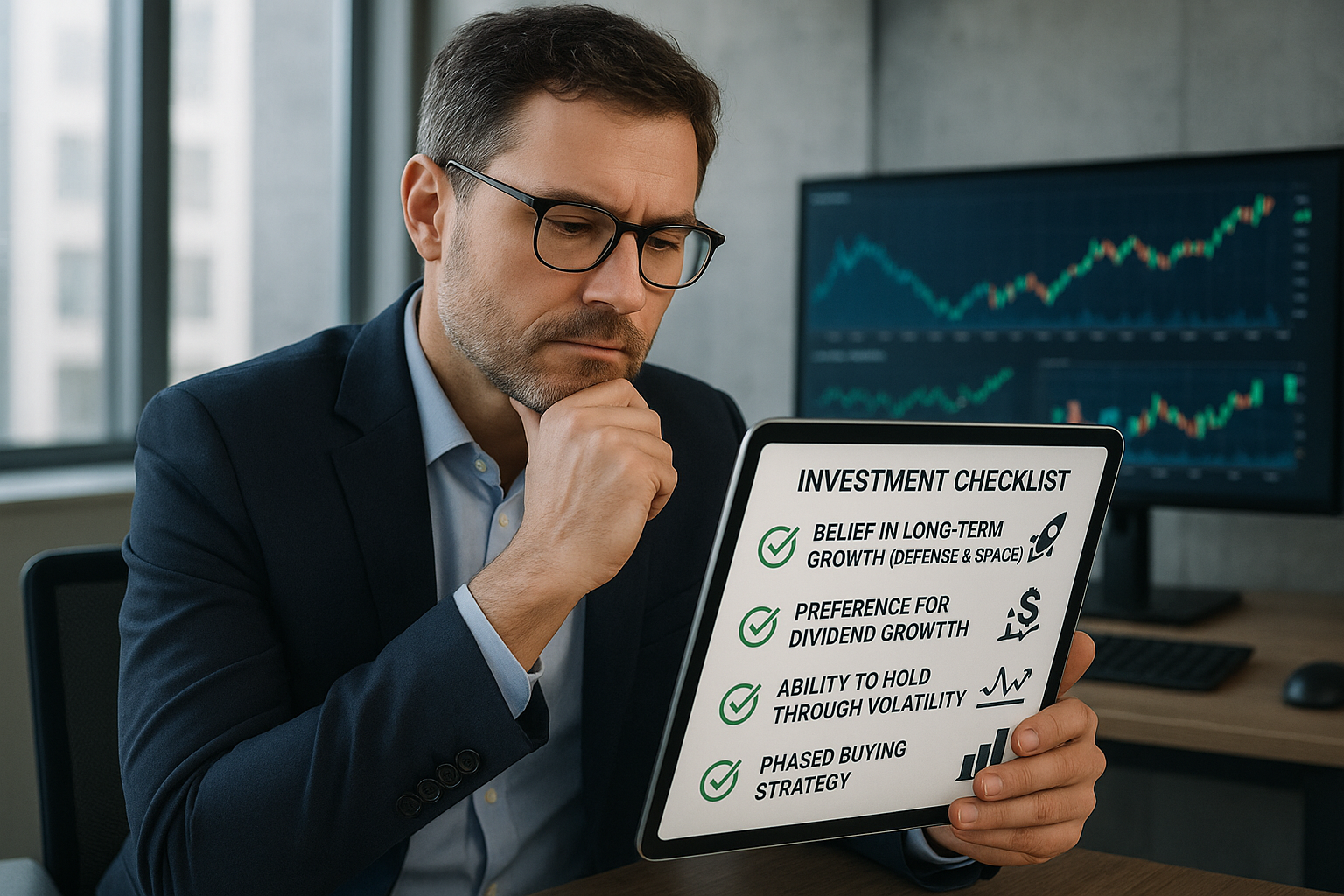 한화에어로스페이스 주식 투자 체크리스트를 검토하는 투자자 이미지