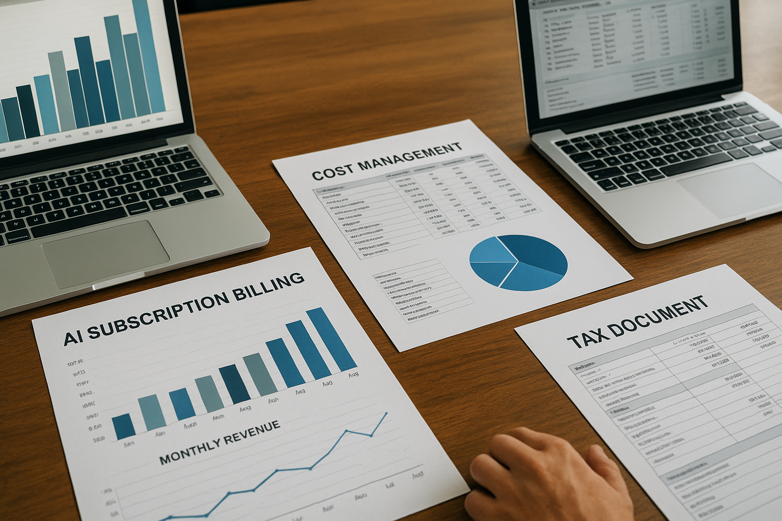 회의 테이블에 놓인 AI 구독비 정산과 세금 처리 관련 문서와 노트북 화면