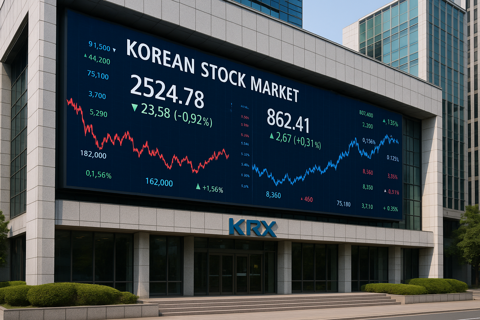 대한민국 주식 시장의 동적인 변동성을 보여주는 한국 증권거래소와 주가지수 디지털 지표