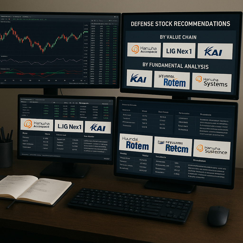 한화에어로스페이스, LIG넥스원, KAI, 현대로템, 한화시스템 등 주요 방산주 추천 기업과 재무분석 관련 투자자가 주식 포트폴리오 다각화를 하는 모습