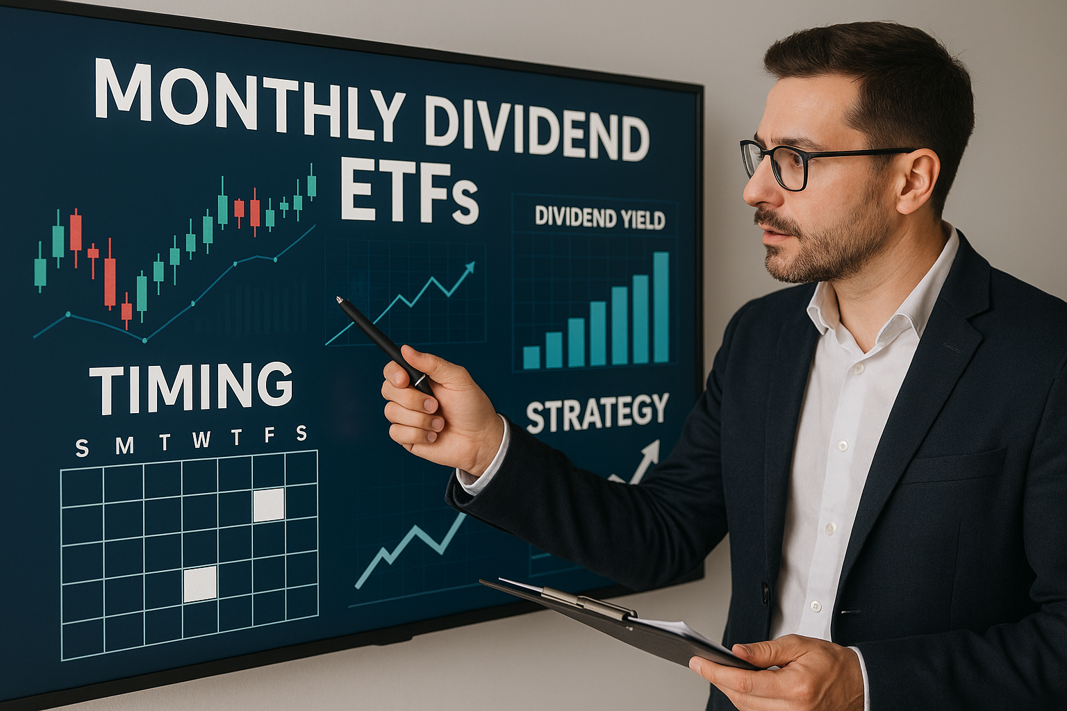 월배당 ETF의 매수 타이밍과 전략을 설명하는 금융 전문가와 디지털 화면