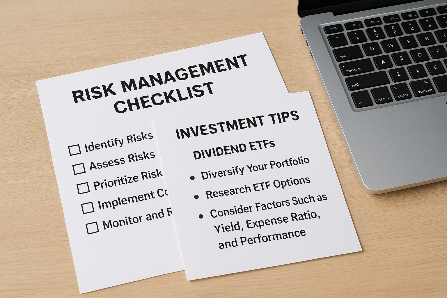 배당 ETF 투자자의 리스크 관리 체크리스트와 운용 팁 문서가 노트북 옆에 놓여진 이미지