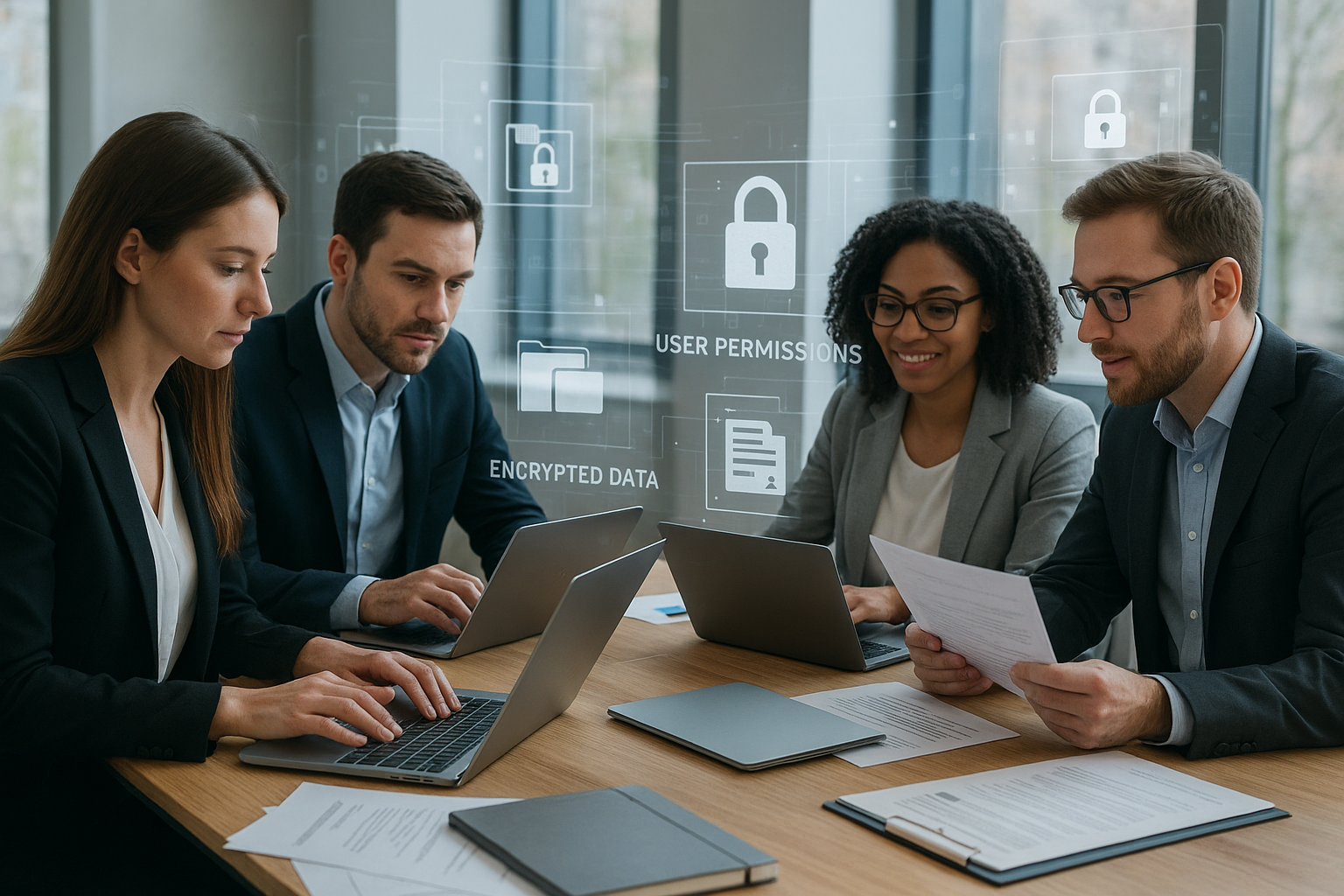 공유 워크스페이스에서 협업하며 보안과 권한 관리가 이루어지는 AI 협업 환경의 비즈니스 팀