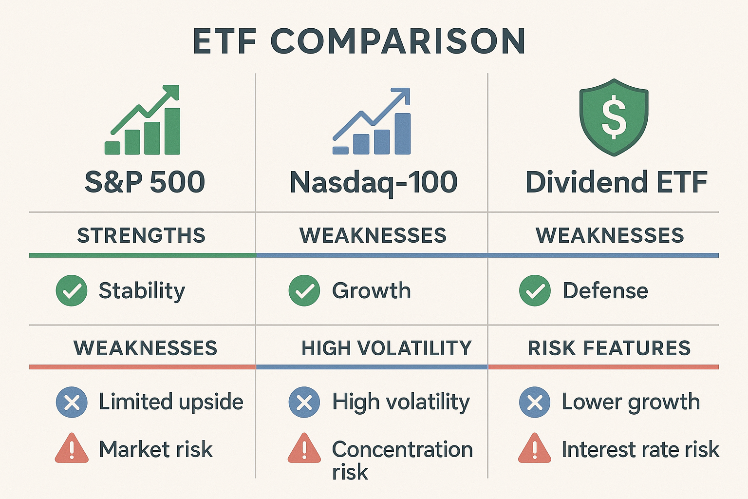 S&P500, 나스닥100, 배당 ETF의 장단점과 리스크를 비교한 차트