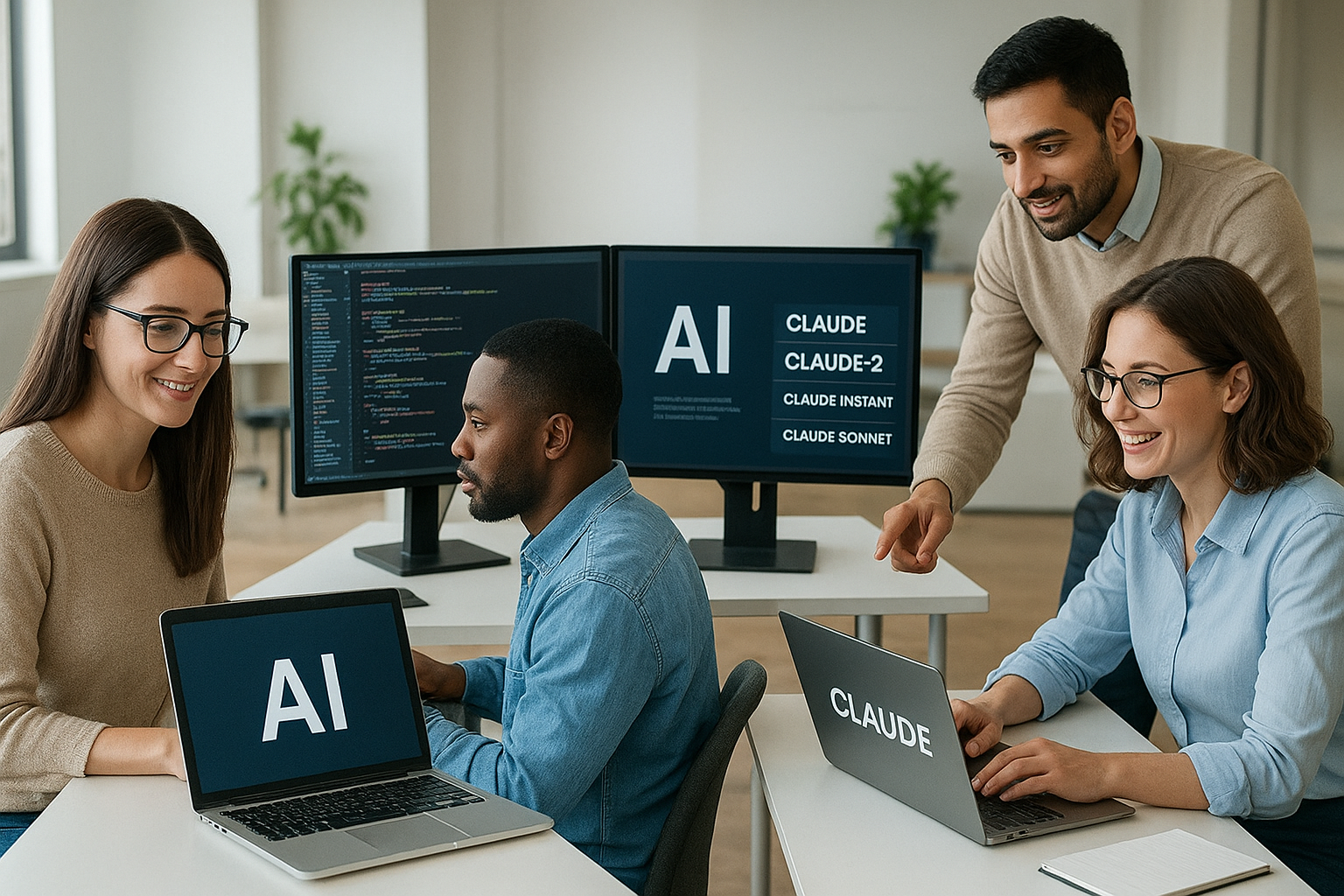 다양한 사용자들이 클로드 AI 요금제를 활용하는 모습, 라이트 유저, 개발자, 팀 협업 장면