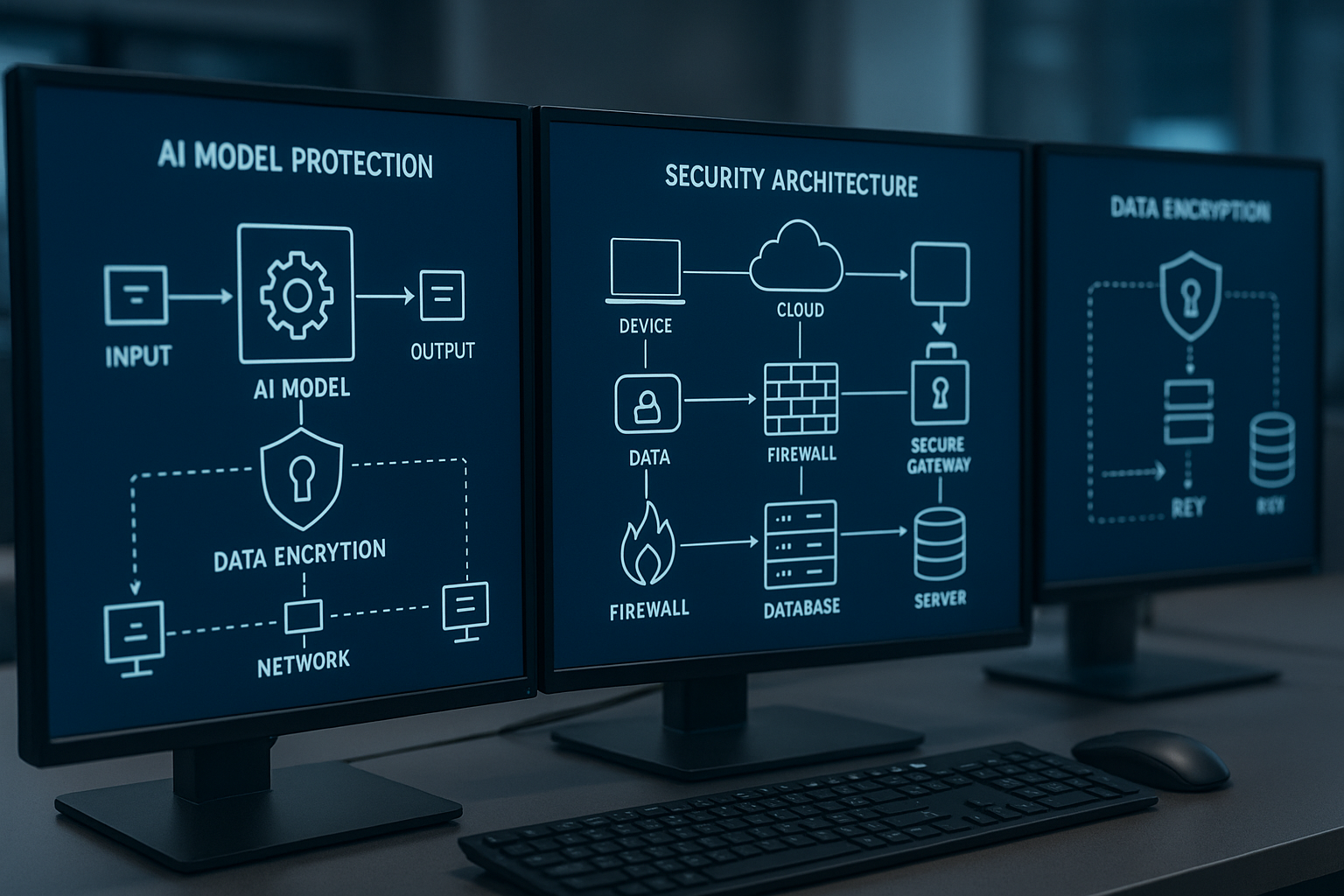 기업 IT 환경에서 AI 모델 보호, 데이터 암호화, 보안 게이트웨이 아키텍처 다이어그램을 보여주는 컴퓨터 화면