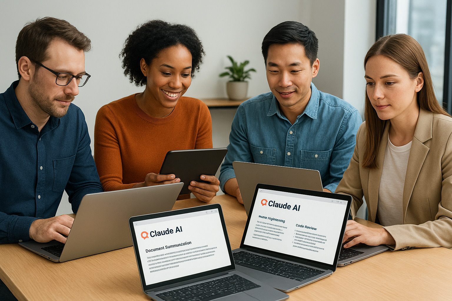 스타트업 팀이 클로드 AI를 활용해 문서 요약, 코드 리뷰, 마케팅 기획, 고객 지원 자동화를 수행하는 모습