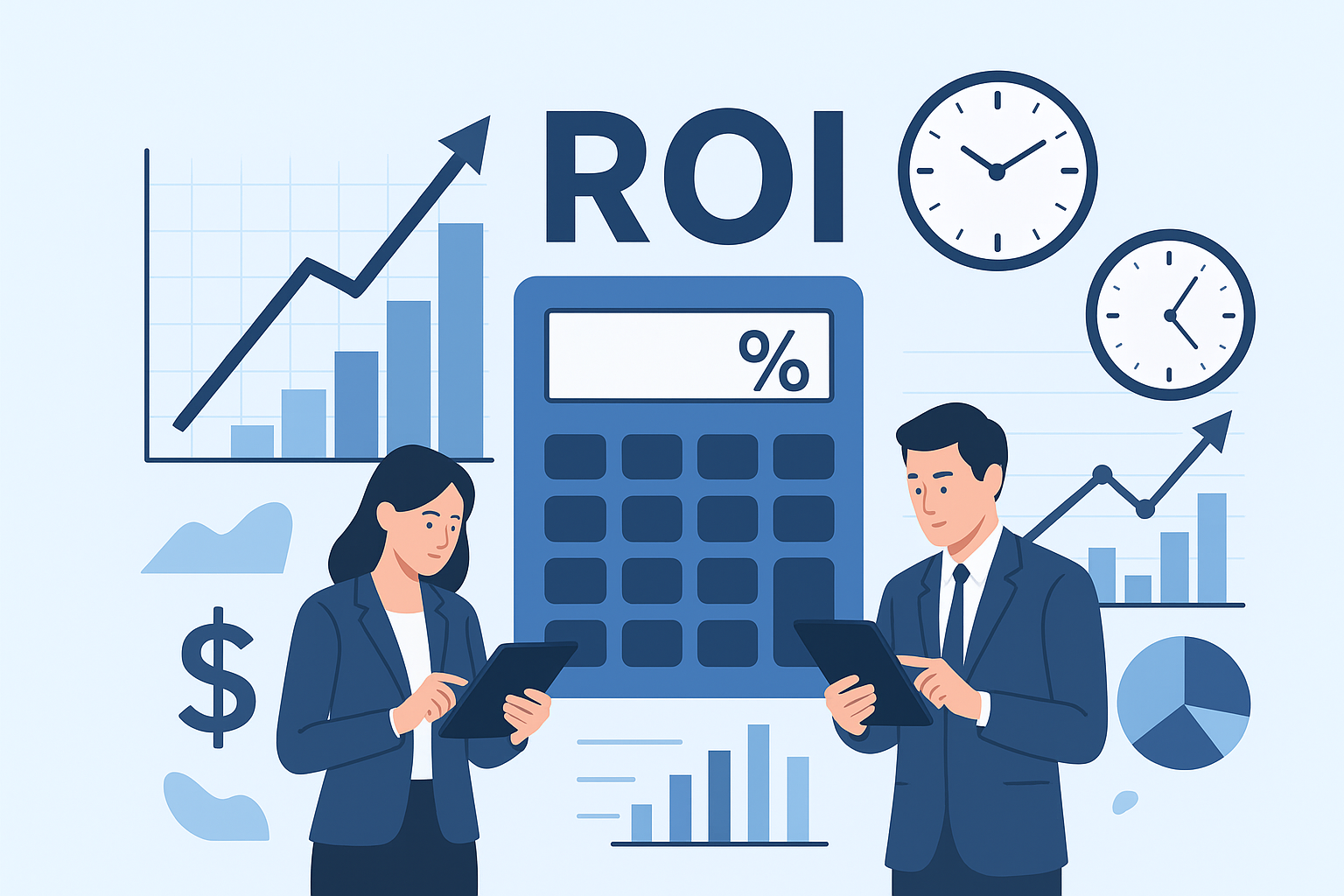클로드 AI 도입 ROI 계산과 시간 절감, 생산성 향상을 분석하는 비즈니스 이미지