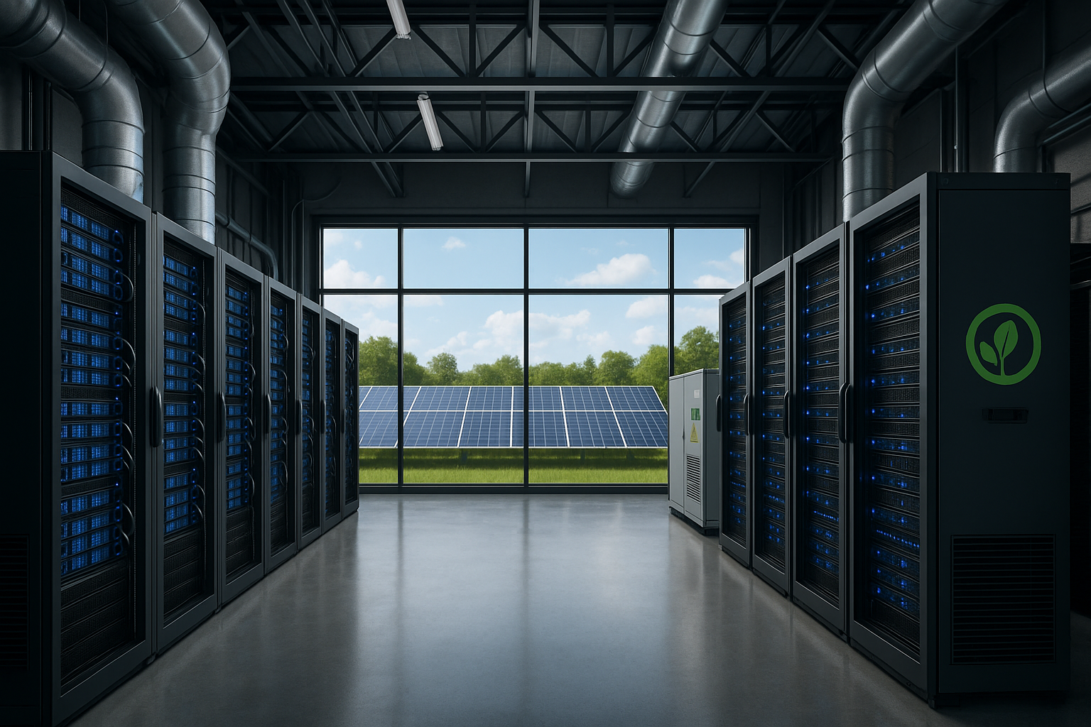 한국의 AI 데이터센터와 친환경 에너지 전환을 보여주는 첨단 서버와 재생에너지 시설