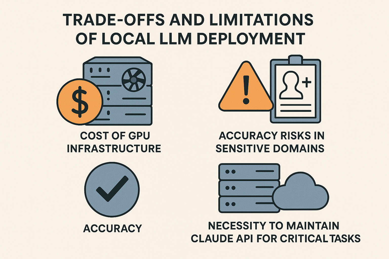 로컬 LLM 한계와 비용, 정확도, 인프라 트레이드오프 설명 이미지