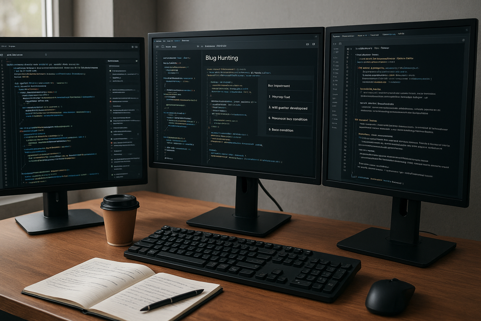 코드 리뷰, 버그 분석, 장기 프로젝트 워크플로우가 모니터에 표시된 개발 작업 공간의 생생한 모습