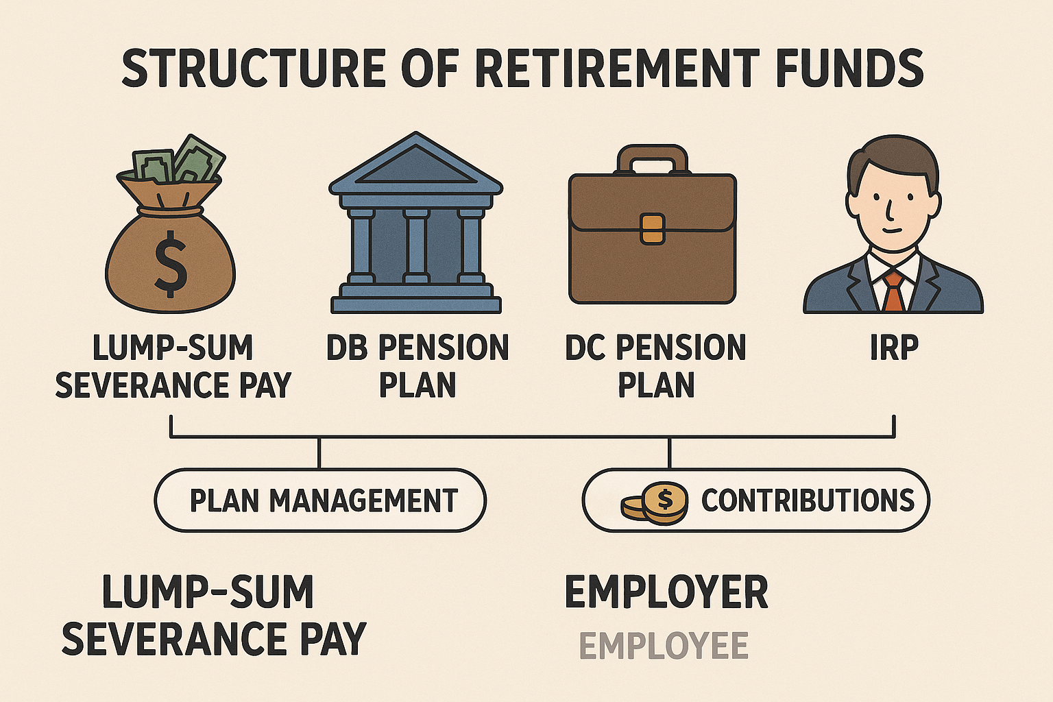 퇴직금과 퇴직연금 제도 구조를 설명하는 인포그래픽