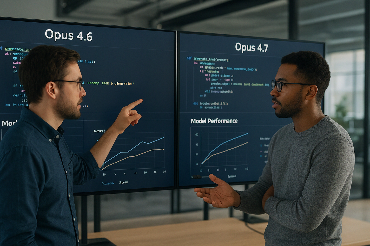 두 명의 소프트웨어 개발자가 현대적인 사무실에서 Opus 4.6과 Opus 4.7 두 버전의 AI 코딩 모델을 비교하며 토론하는 모습
