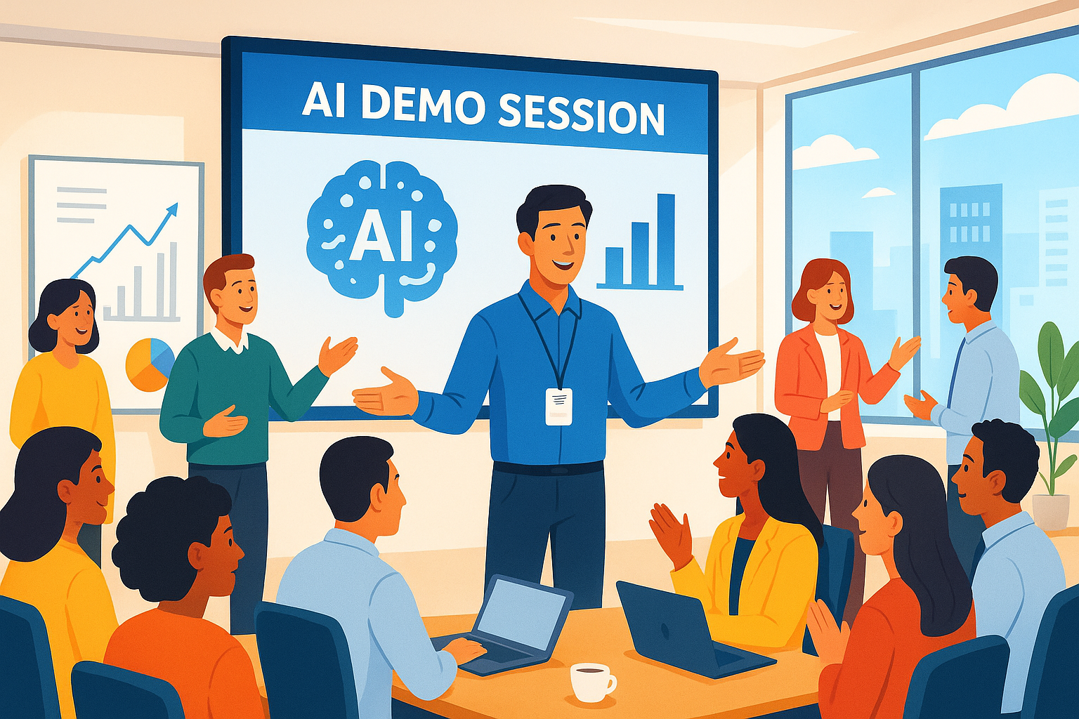 월간 AI 데모 세션에서 성과와 베스트 프랙티스를 공유하는 기업 행사 장면