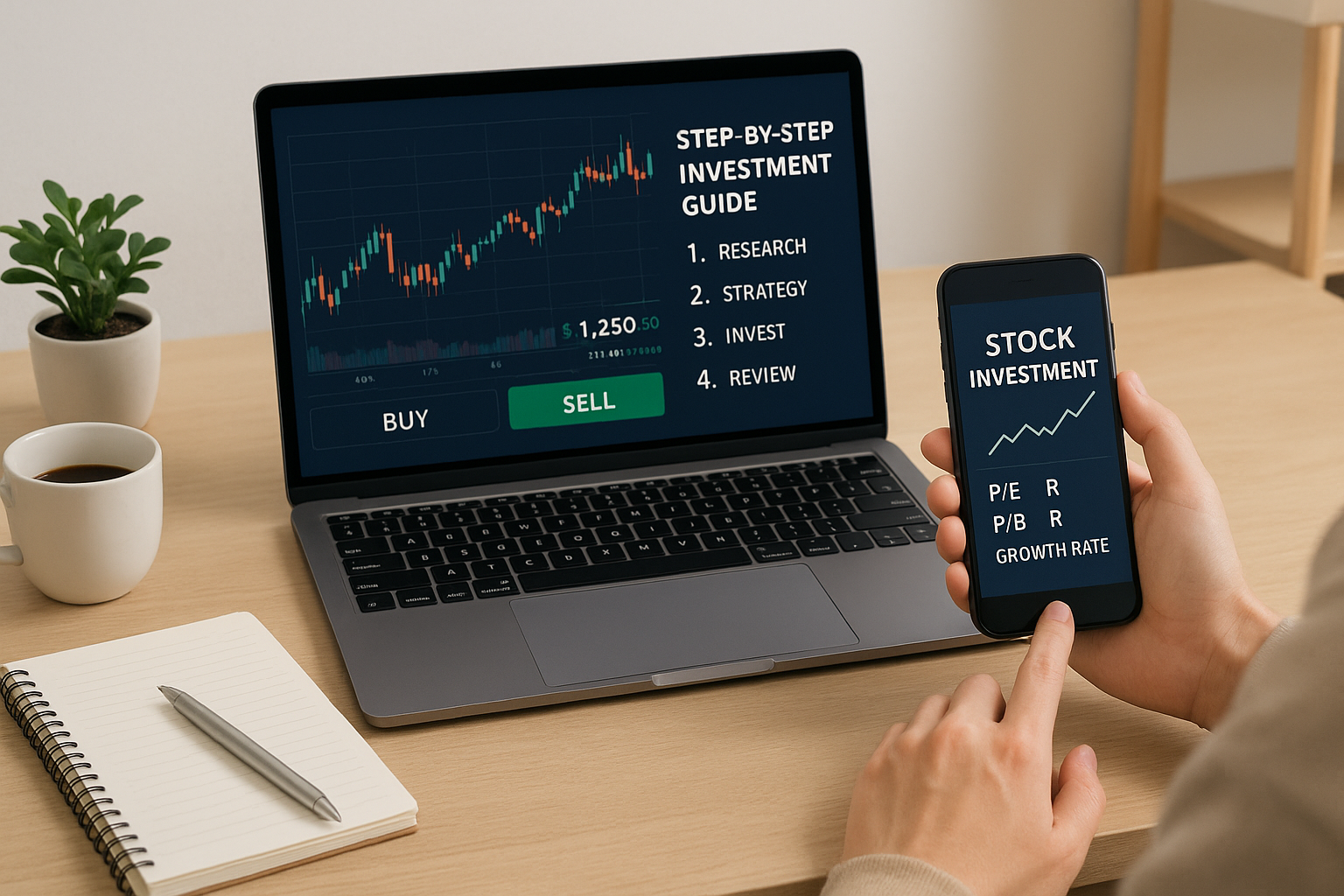 초보 투자자가 모의 투자하며 투자 지표를 공부하는 모습을 담은 작업 공간 사진