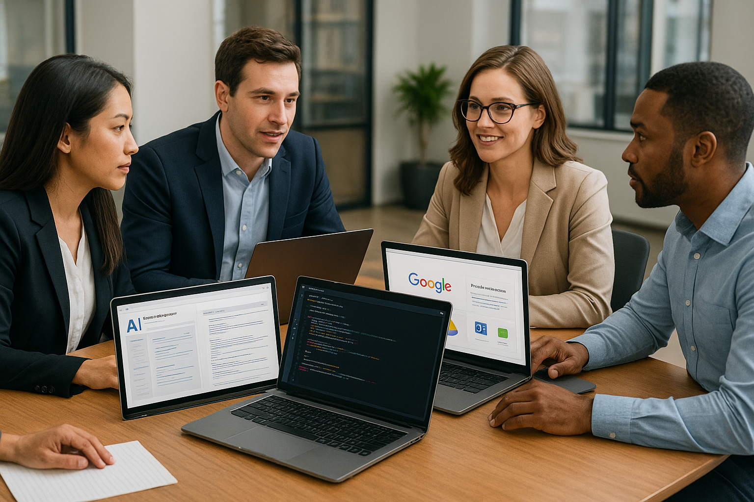 AI 도구를 활용해 협업하는 회사 팀의 실사 이미지