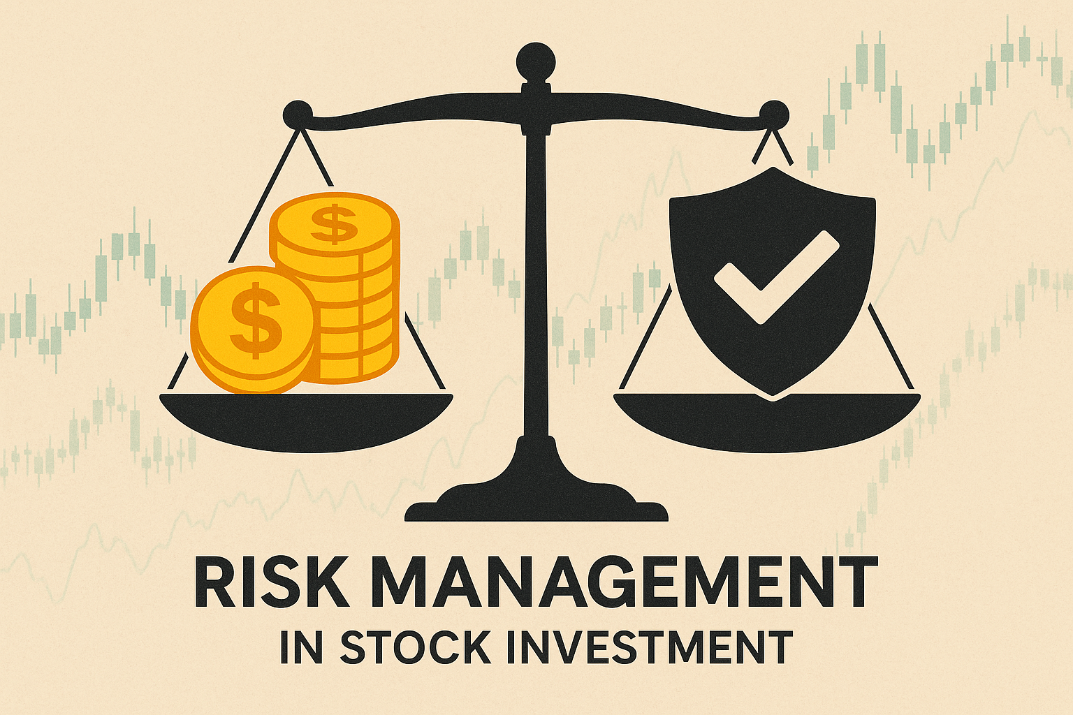 주식 투자에서 리스크 관리의 중요성을 상징하는 균형 잡힌 저울과 보호를 나타내는 방패 이미지