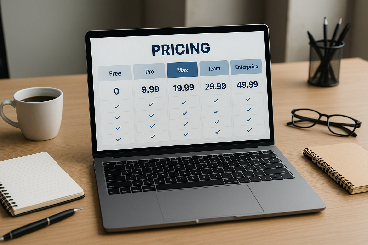 직장인 클로드 AI 요금제 비교표가 보이는 현대적인 사무실 책상 모습