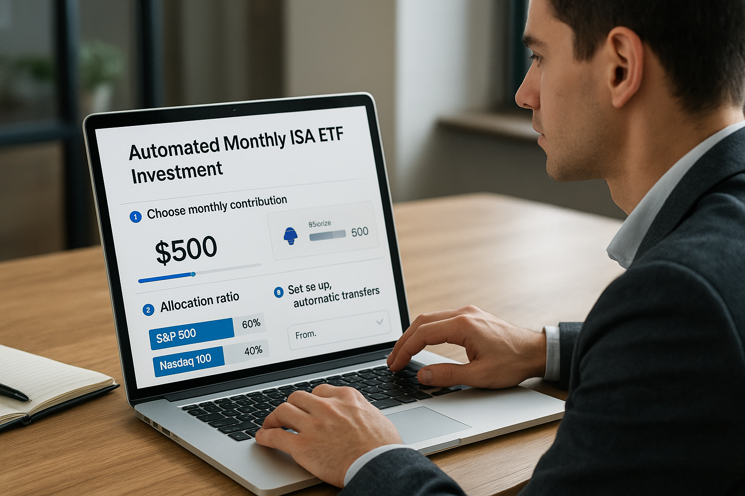 월 적립식 ISA ETF 투자 전략을 실행하는 직장인의 모습과 자동이체 설정 과정.