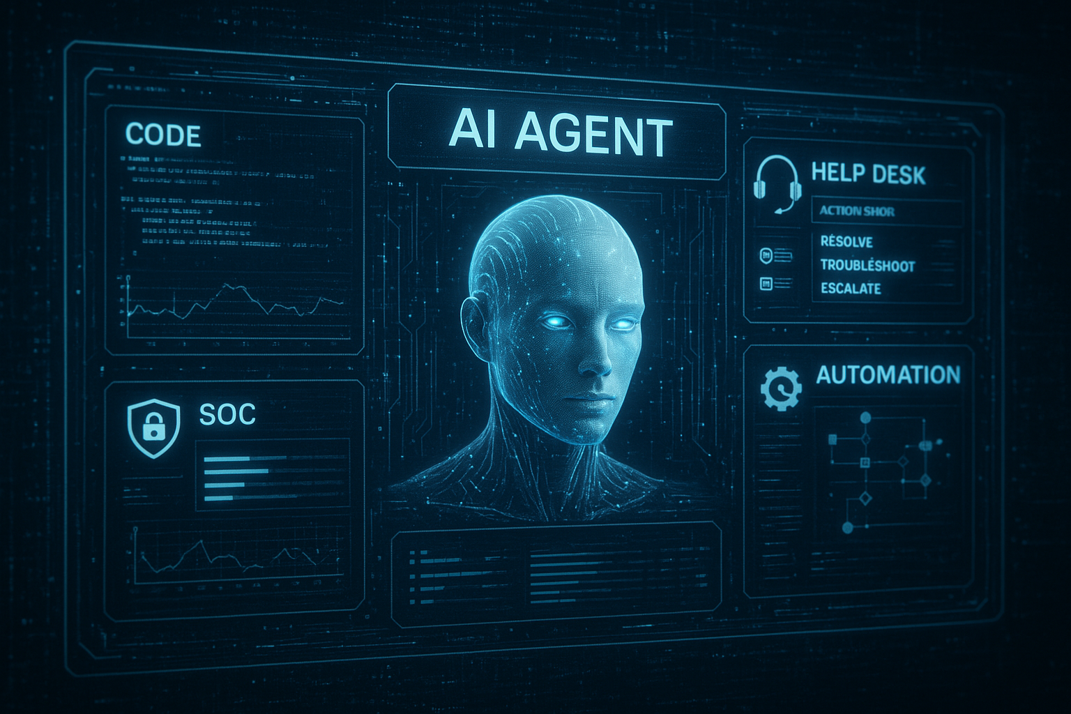 AI 에이전트가 다양한 도구와 상호작용하는 첨단 시스템을 묘사한 이미지