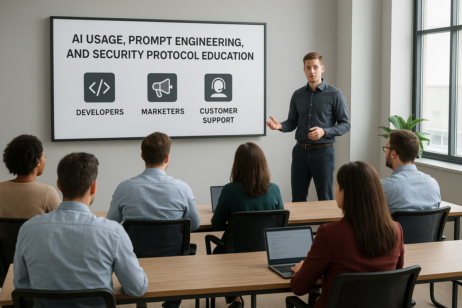 AI 사용법과 보안 프로토콜 교육을 받는 기업 내부 직원들