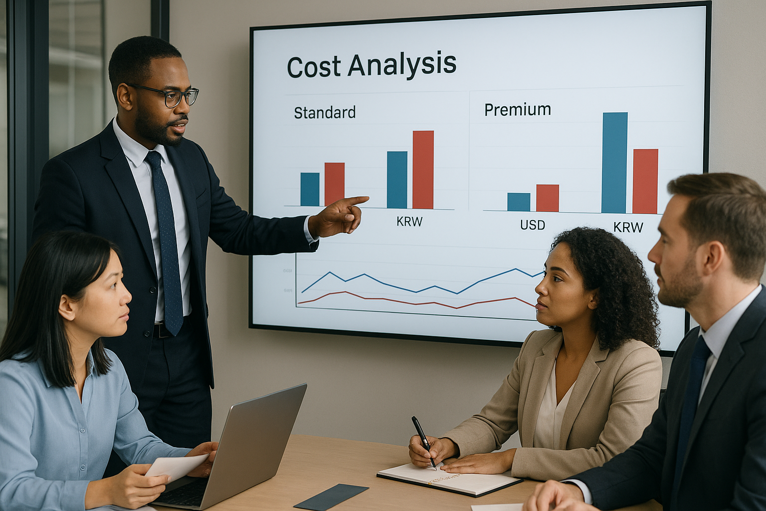 팀 표준과 프리미엄 요금제를 중심으로 비용 분석 및 예산 계획을 하는 다양한 직원들