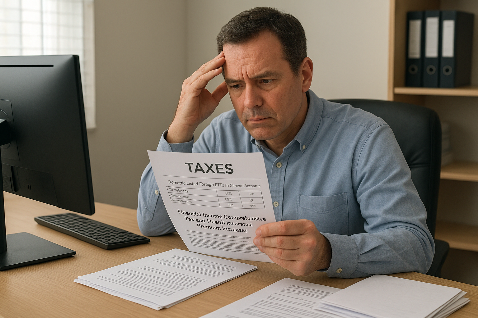 국내 상장 해외 ETF의 세금 폭탄 문제로 고민하는 중년 투자자 이미지