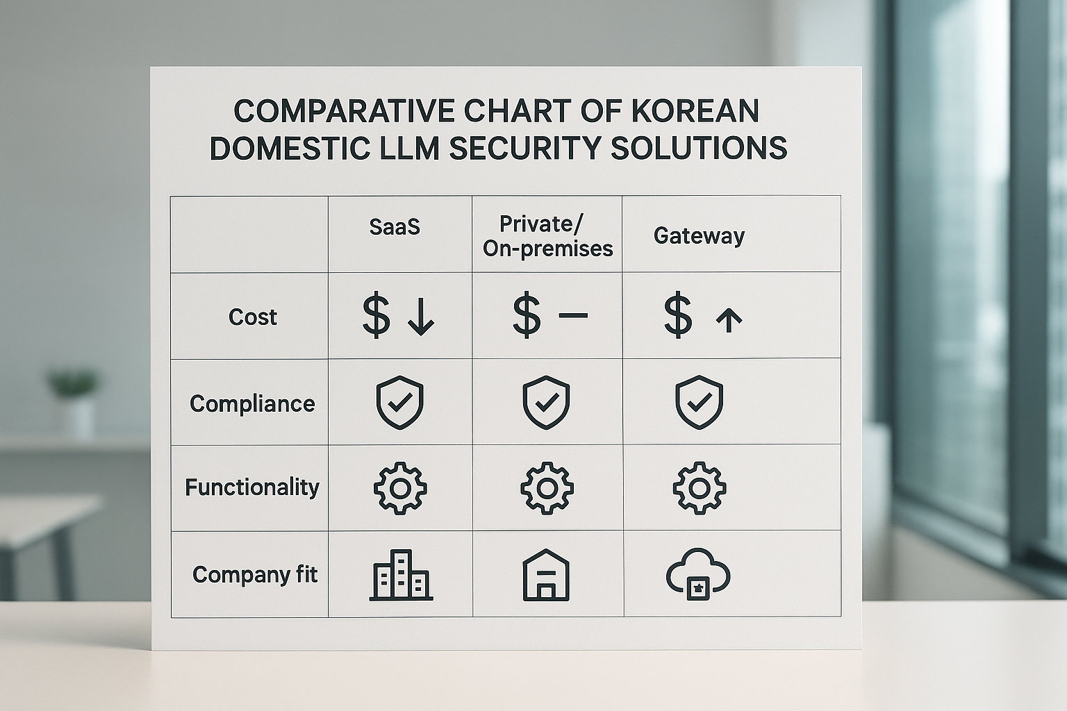 국내 LLM 보안 솔루션 유형별 비교 차트와 기능, 비용, 규제 대응을 보여주는 이미지