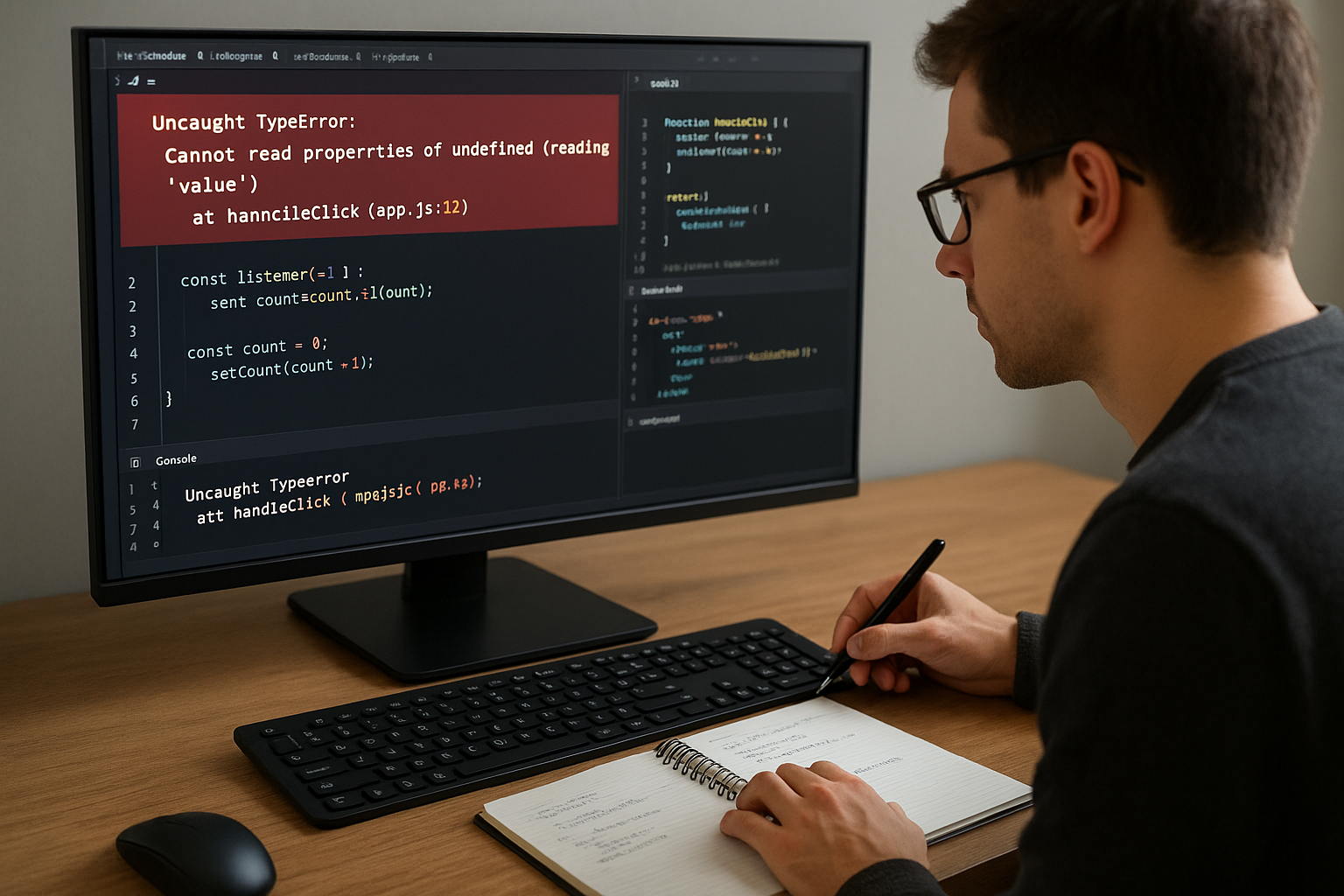 오류 난 과제 코드를 디버깅하는 학생과 컴퓨터 화면