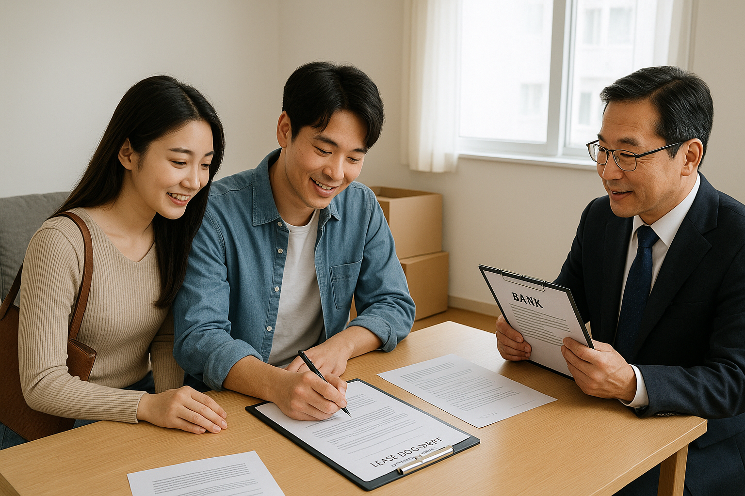 청년들이 새 아파트에 입주하면서 전세자금대출 신청 절차와 서류 준비를 진행하는 장면
