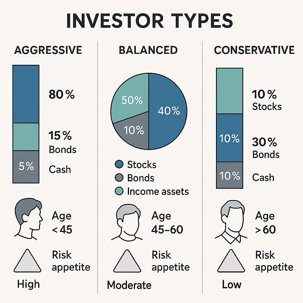 투자자 유형별 자산 배분 전략과 비율을 보여주는 그래픽 이미지