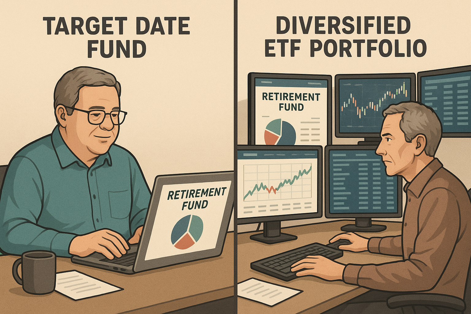 50~60대 퇴직연금 TDF와 직접 자산배분 방식을 비교하는 이미지