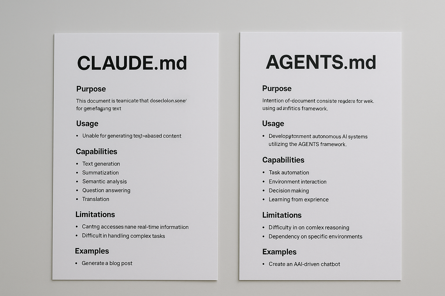 두 개의 문서 CLAUDE.md와 AGENTS.md가 나란히 놓여 있어 각기 다른 AI 에이전트 사용 사례에 따른 비교를 보여주는 이미지