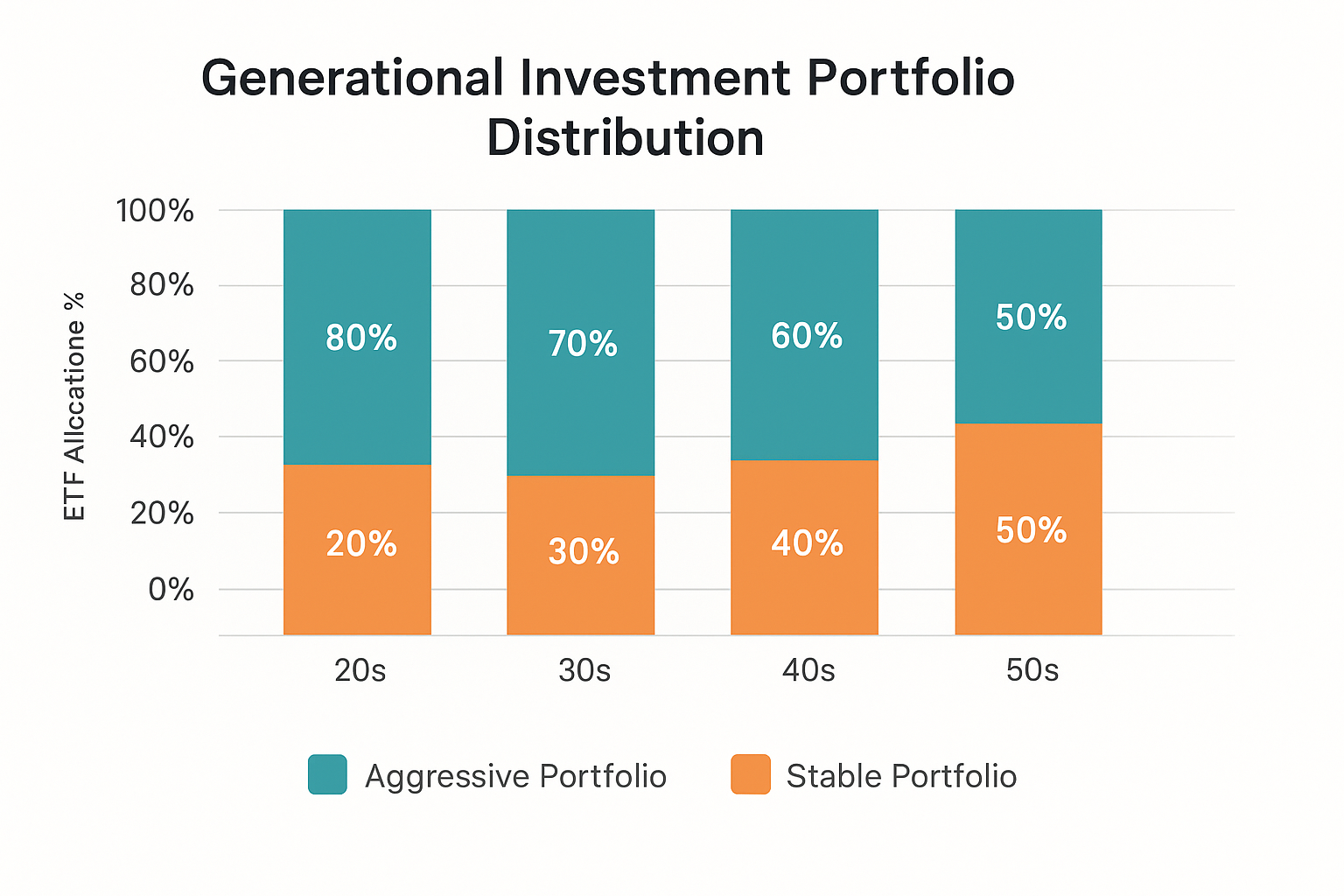 20대부터 50대까지 세대별 ETF 비중을 보여주는 투자 포트폴리오 분포 차트