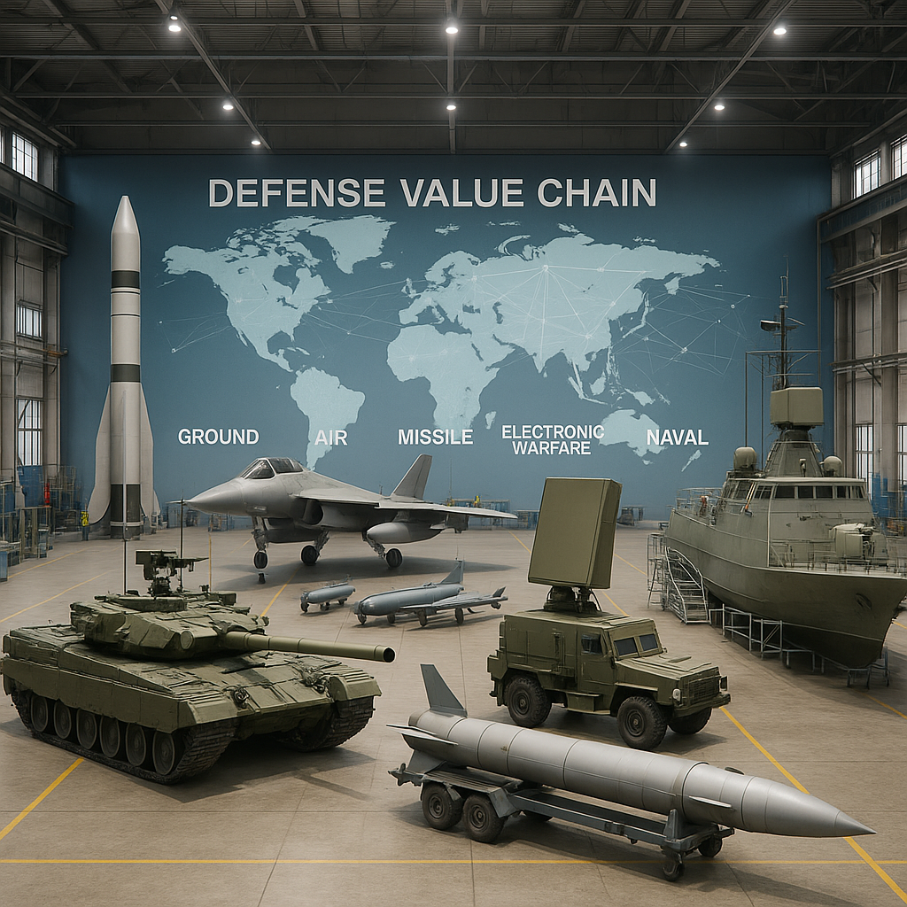 방산 산업의 지상, 항공, 유도무기, 전자전, 해양 밸류체인을 시각적으로 표현한 첨단 방위산업 제조시설 이미지