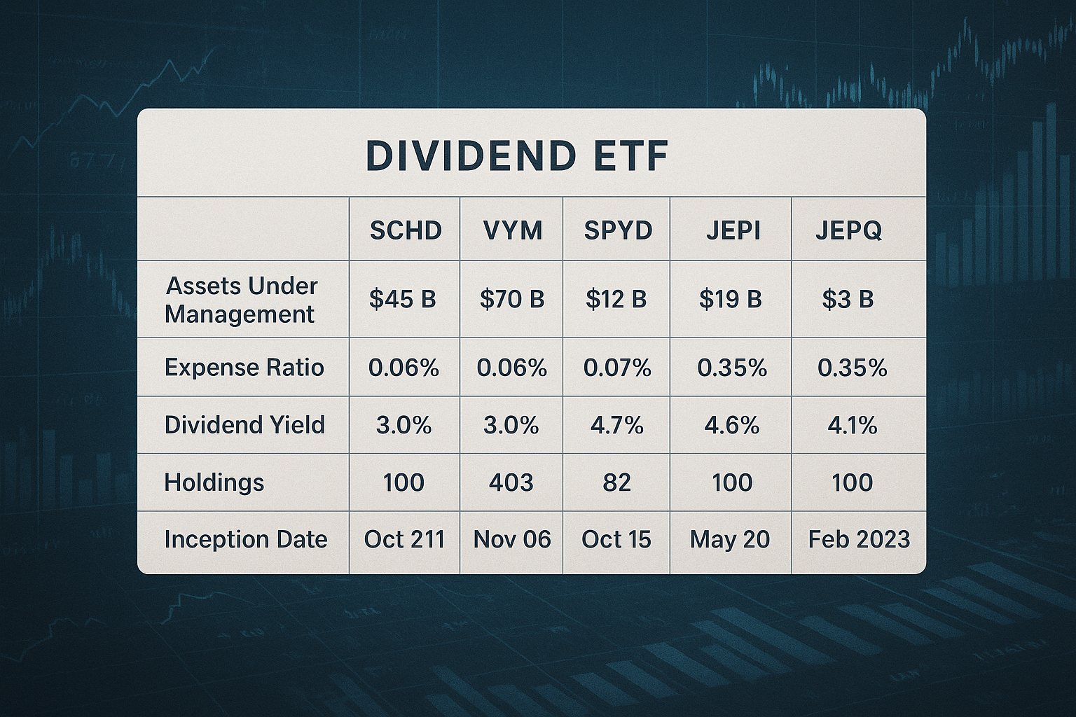 미국 주요 배당 ETF들의 특성 비교 표와 주식 시장 데이터 시각화를 보여주는 이미지
