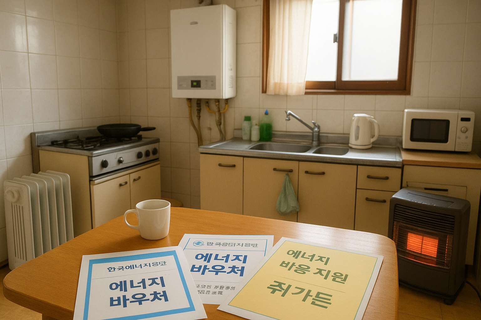 저소득층 가구 주방과 에너지바우처 관련 서류 이미지