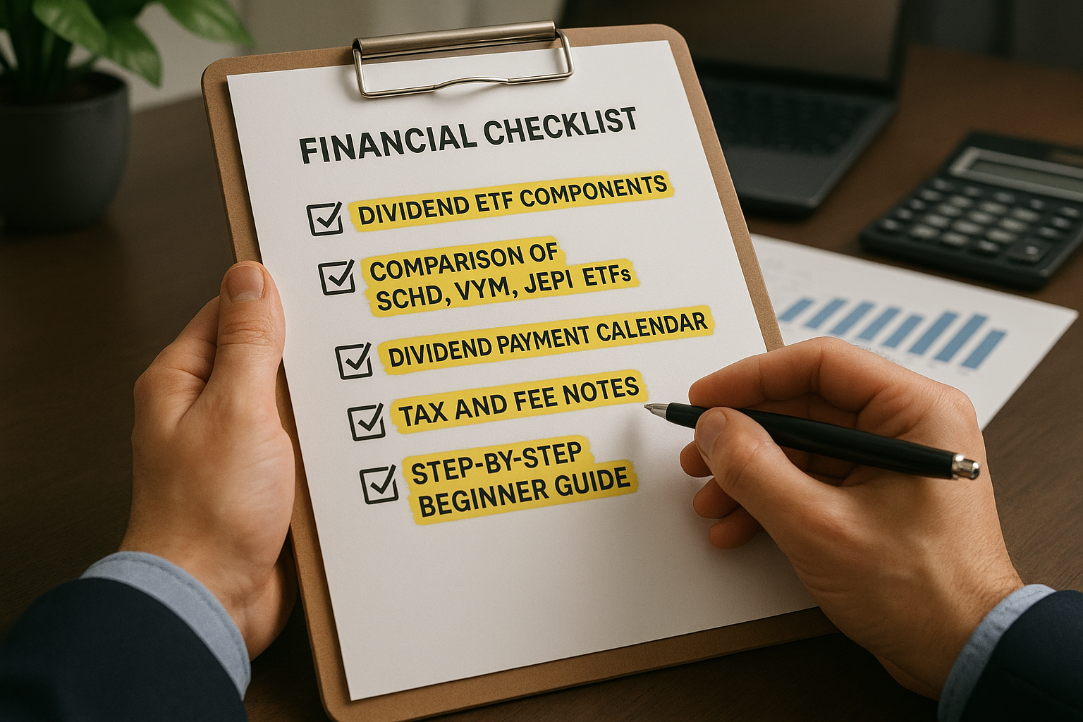 배당 ETF 구성, 대표 ETF 비교, 배당 지급 일정, 세금 및 수수료 정보, 초보자 가이드가 포함된 금융 체크리스트 이미지