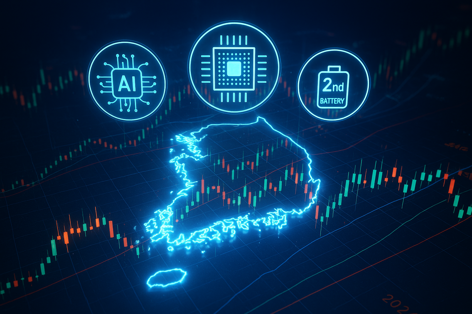 2024~2026년 한국 주식 시장을 이끄는 AI, 반도체, 2차전지 기술과 시장 트렌드를 시각화한 미래 기술 이미지