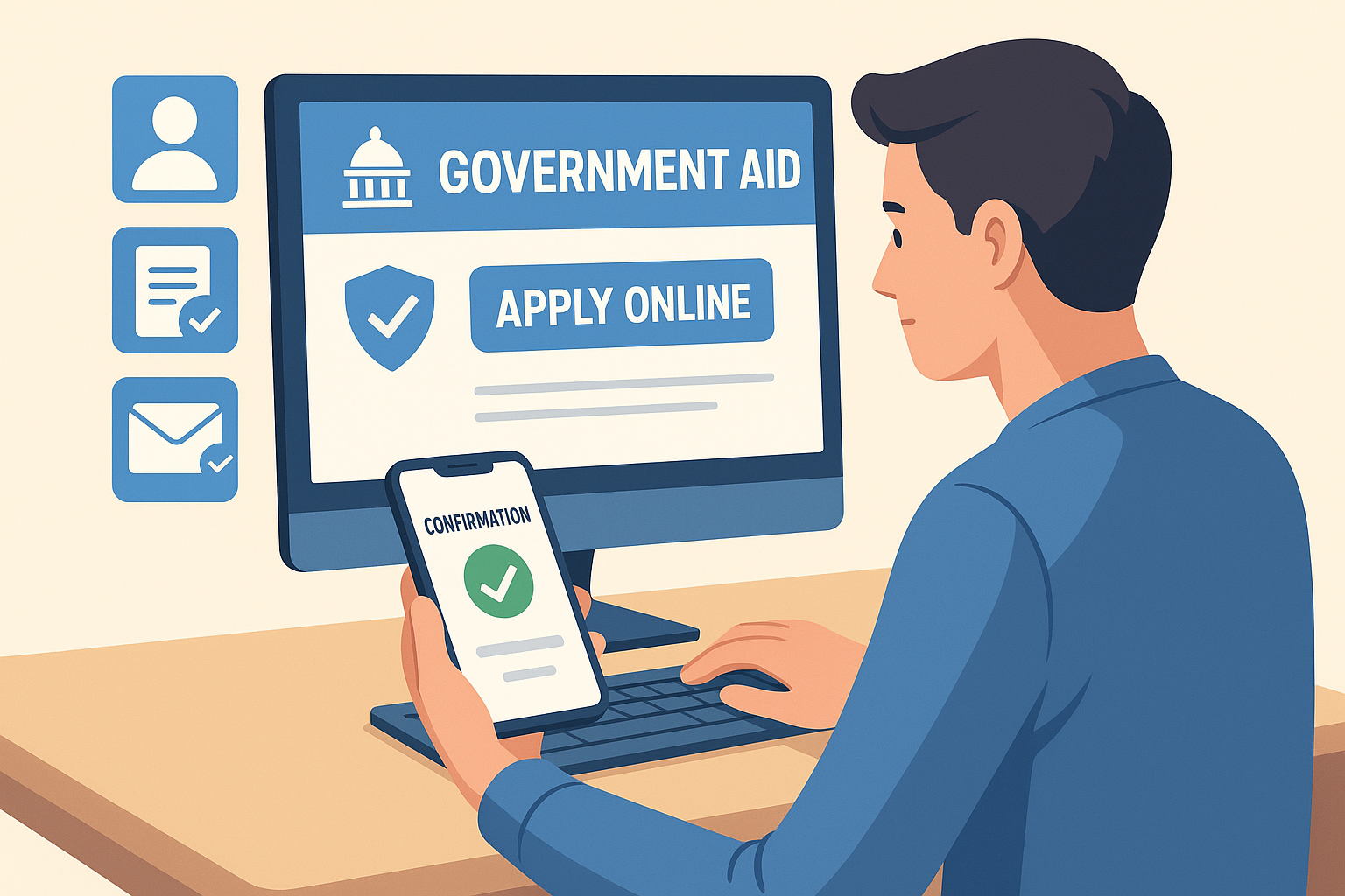 온라인으로 고유가 피해지원금을 신청하는 모습, 안전한 정부 웹사이트 이용 장면