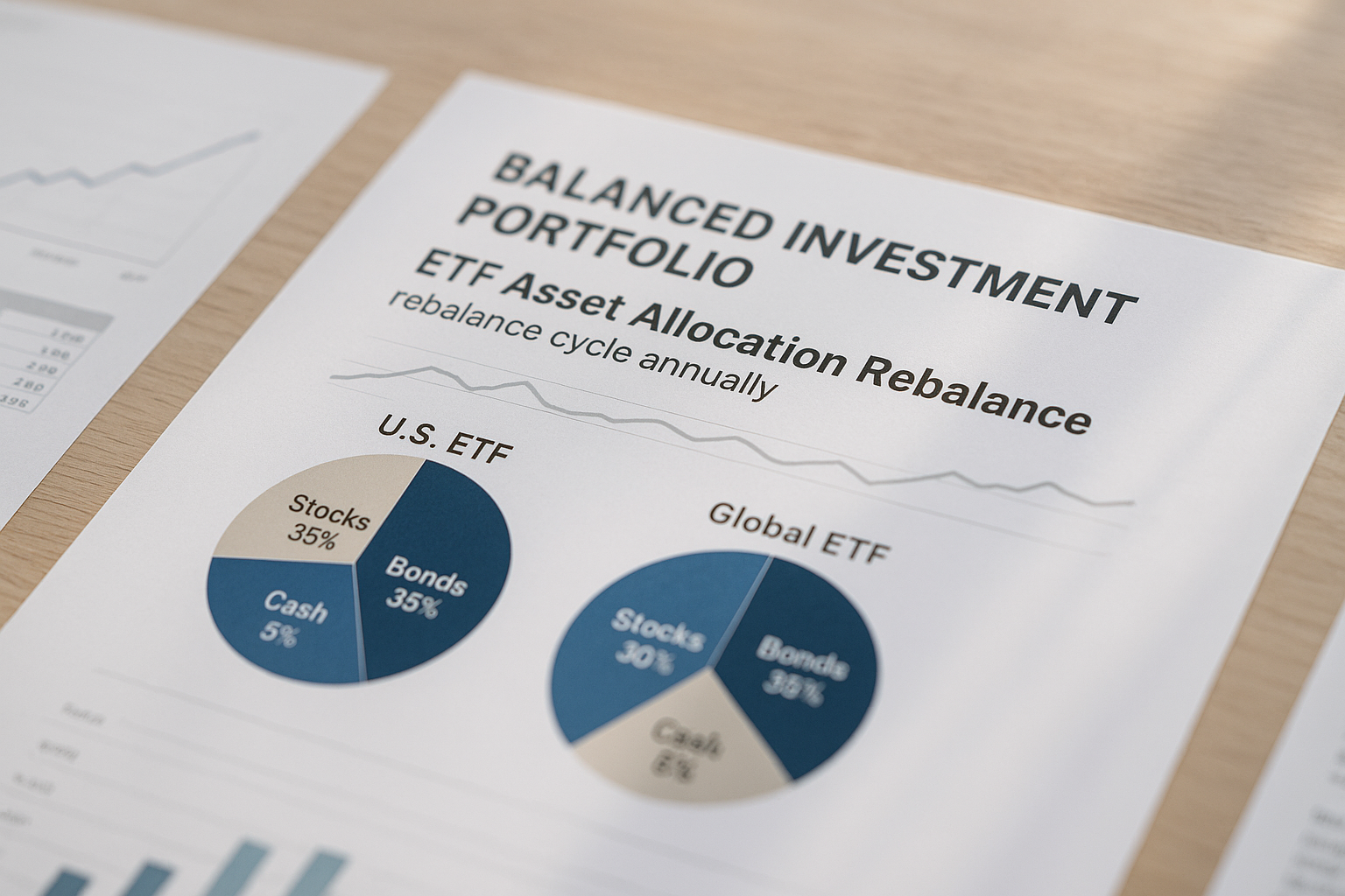 미국과 글로벌 ETF 비중 리밸런싱 주기를 나타내는 투자 포트폴리오 그래프와 파이 차트