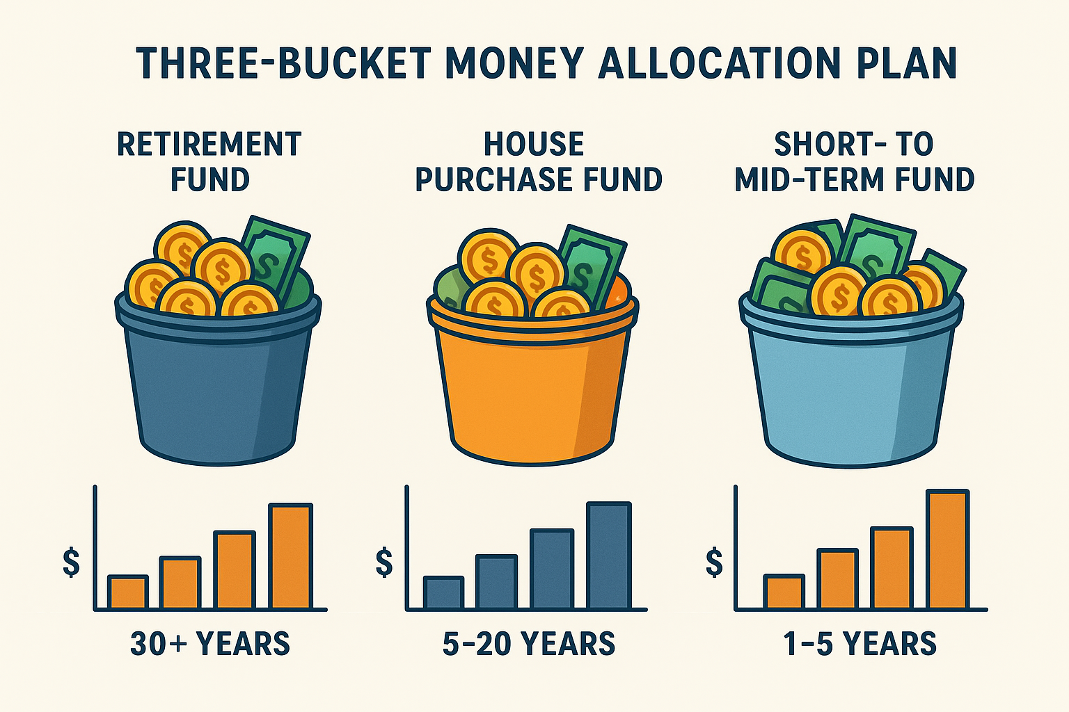 돈을 노후 자금, 내집 마련 자금, 단기 중기 자금으로 나누는 투자 계획
