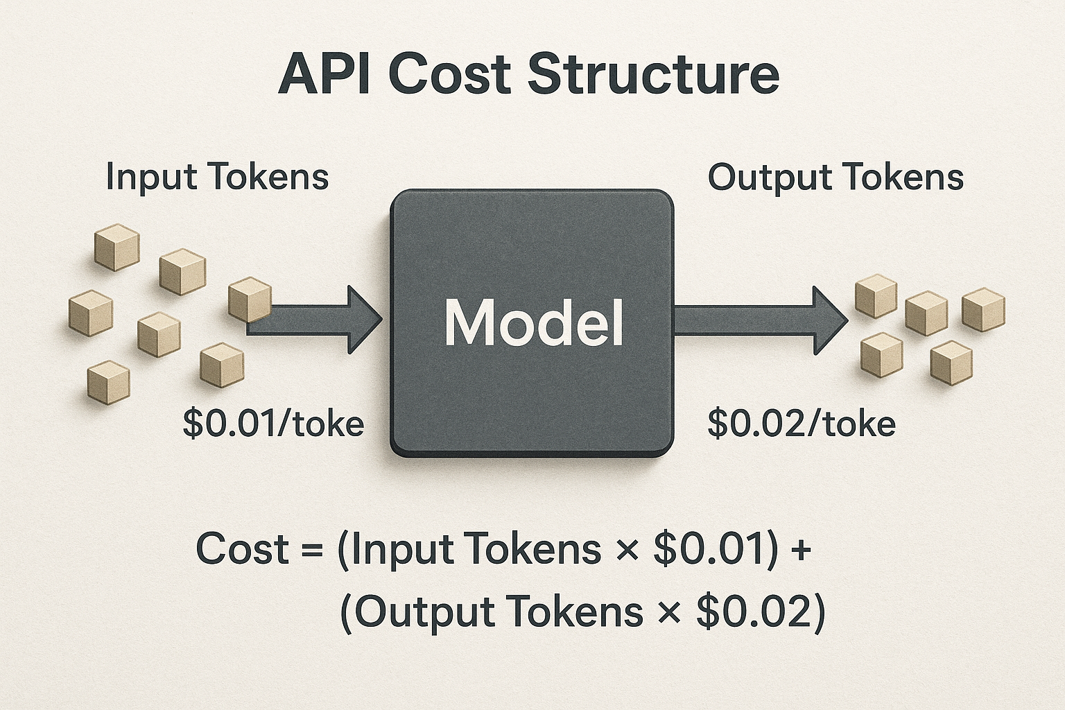 API 요금 구조와 입력 토큰, 출력 토큰, 비용 공식의 개념도